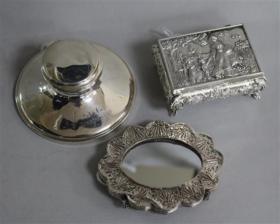 A silver capstan inkwell, Birmingham 1923, A & J Zimmerman, inscribed and two other items,